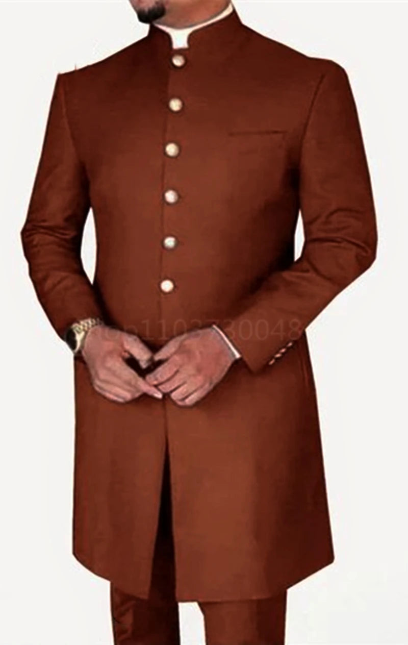 Brown traditional sherwani with White buttons on a White background