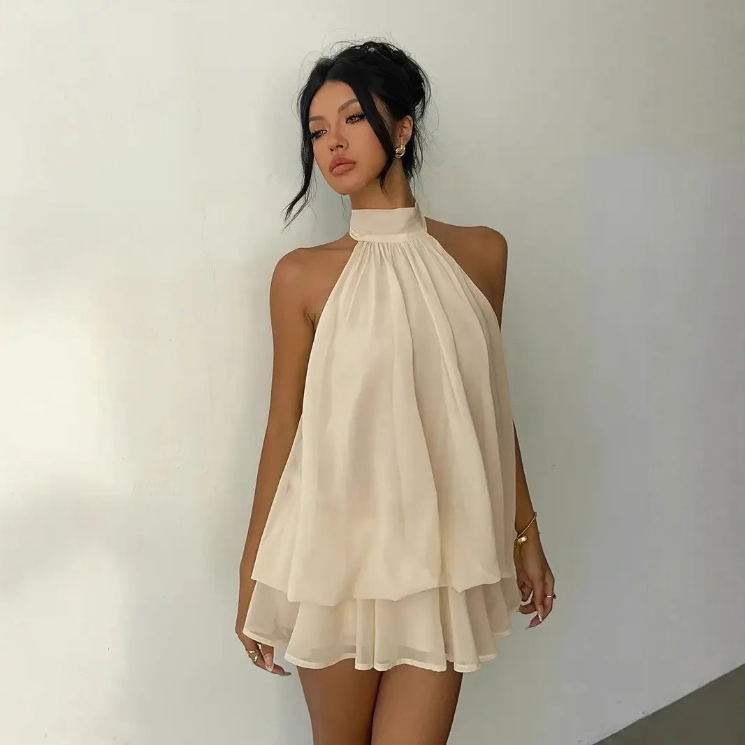 Halter Neck Backless Tie-Front Mini Dress – Chiffon Y2K Party Dress