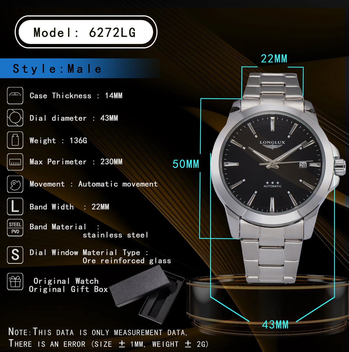 Men's automatic mechanical watch with luminous dial