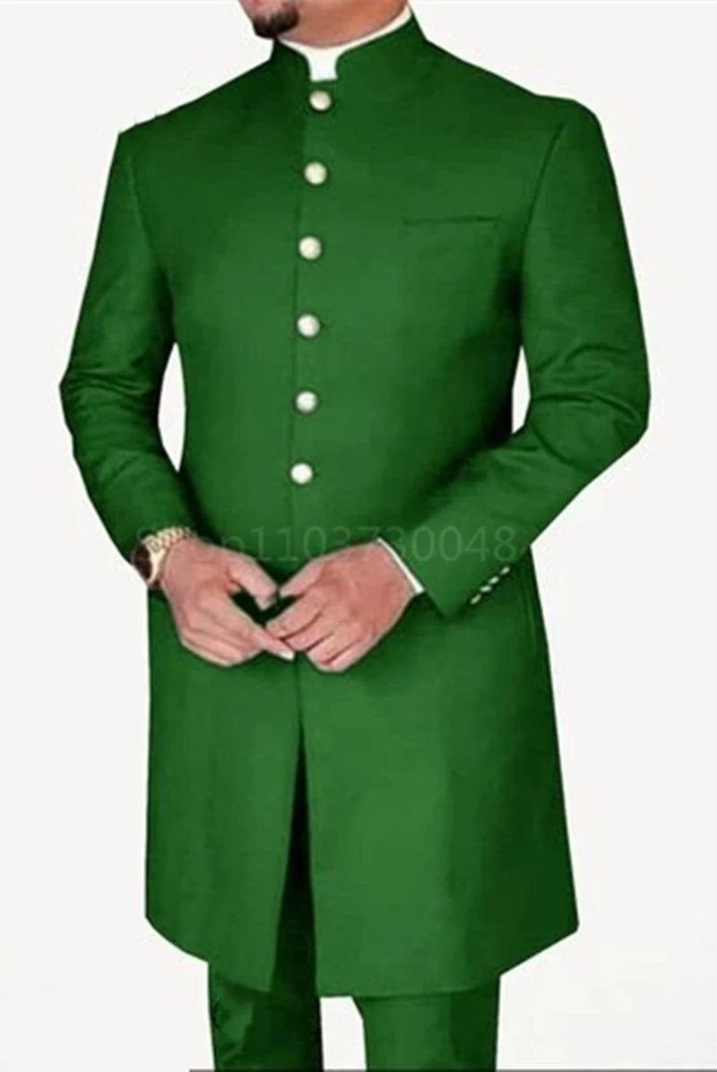 Green traditional outfit with White buttons on a plain background