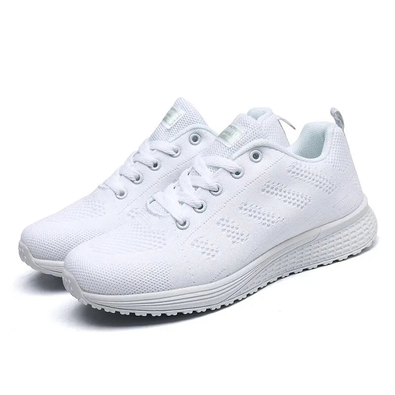 Women's Breathable Mesh Walking Shoes – Lightweight White Flat Sneakers