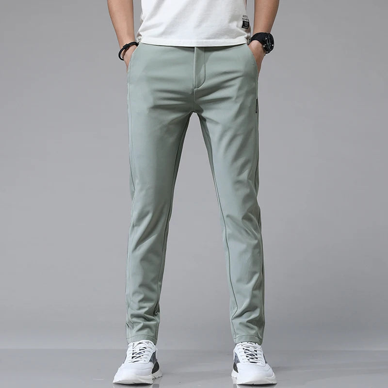 Green Men's Stretch Slim Straight Casual Pants – Side View | Atlantis