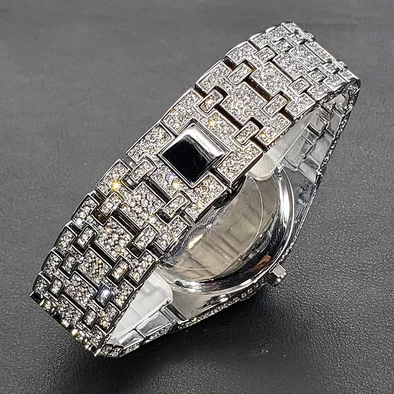 Fully Iced Diamond-Set Men's Watch — Octagonal Case, Arabic Numerals