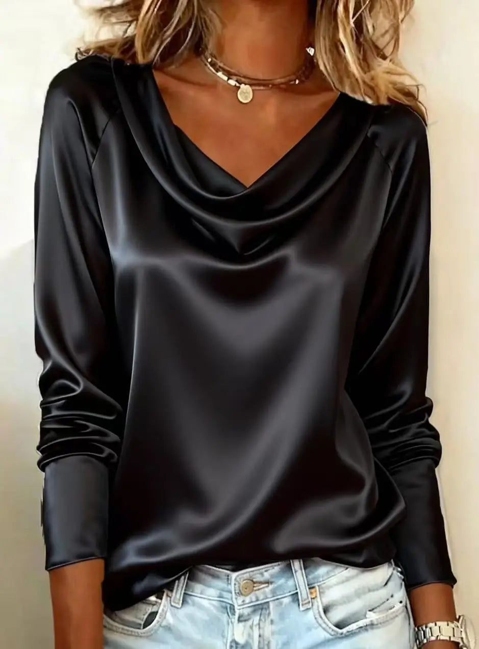 Women's Luxurious Silk-Like Draping Long Sleeve Top – Elegant Satin Blouse