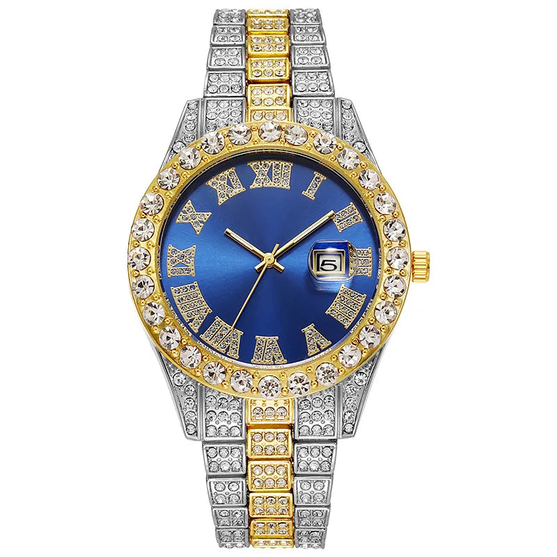 Iced Out Rhinestone Calendar Watch for Men — Gold & Silver Two-Tone