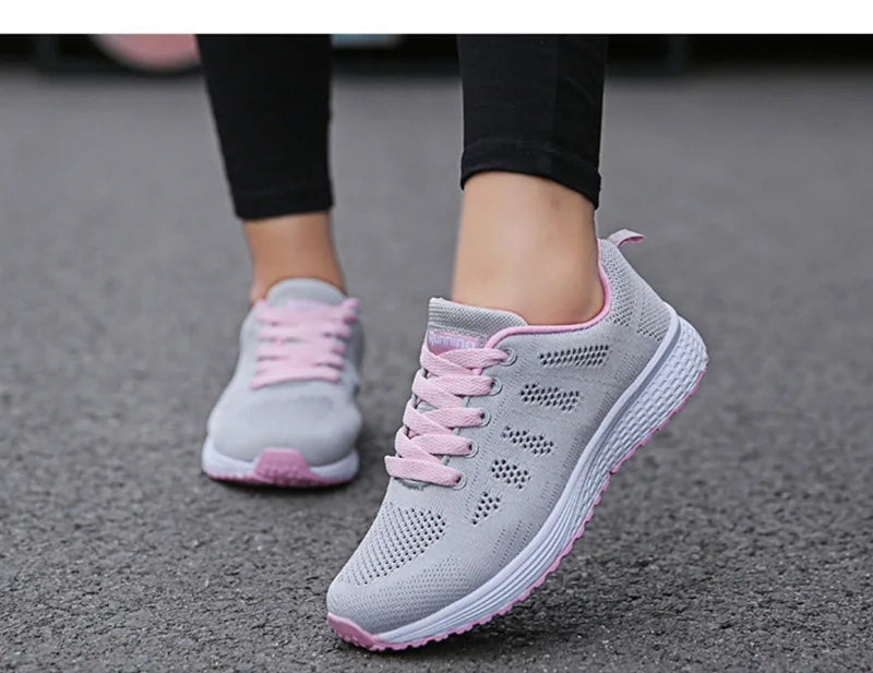 Women's Breathable Mesh Walking Shoes – Lightweight White Flat Sneakers