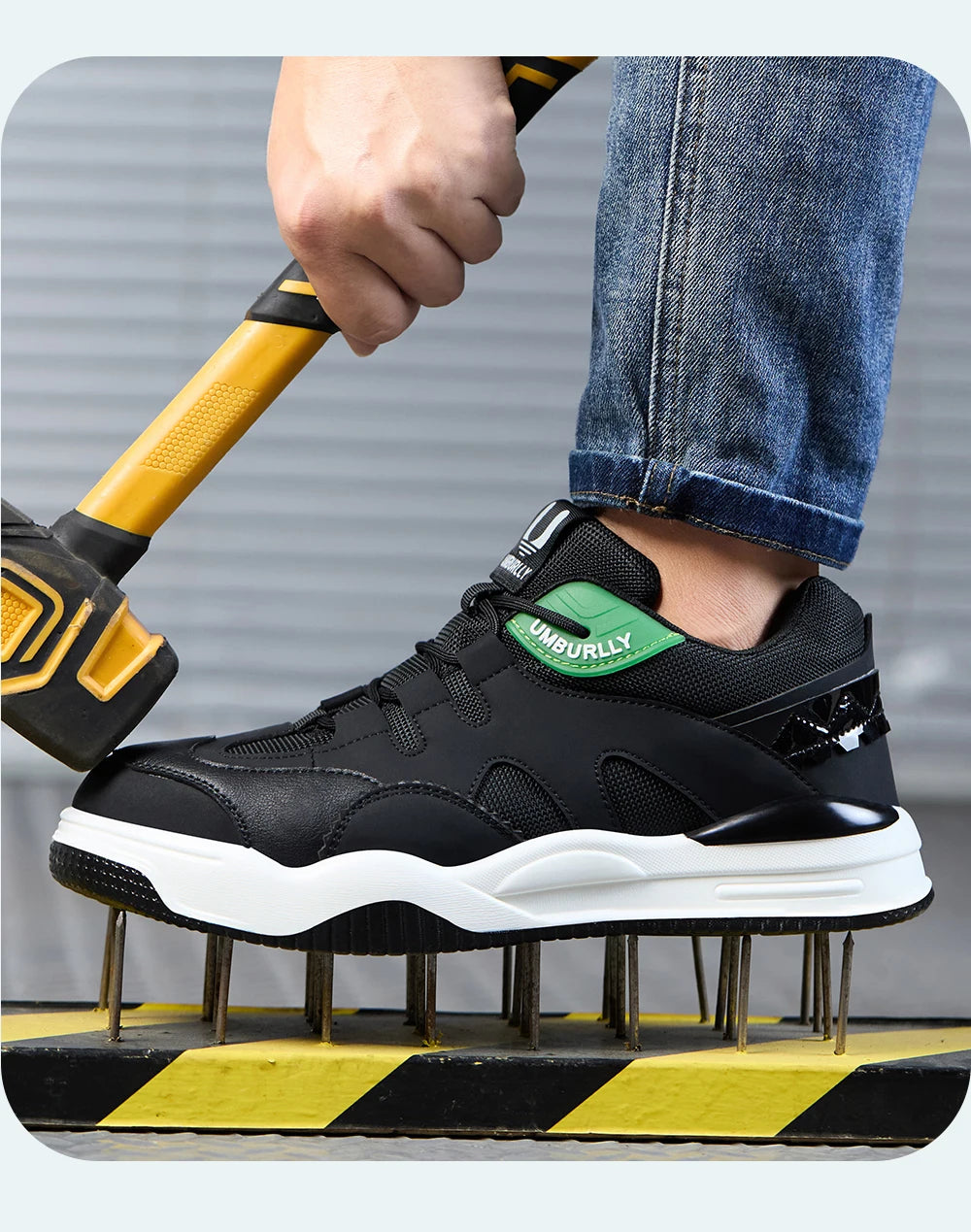 Person wearing Black work shoes with visible brand logo, stepping on a metal surface.