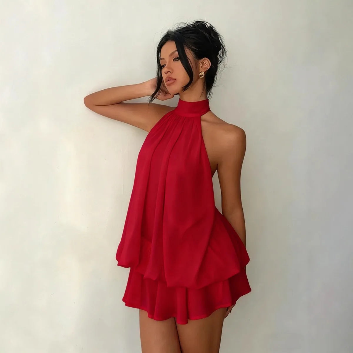 Halter Neck Backless Tie-Front Mini Dress – Chiffon Y2K Party Dress