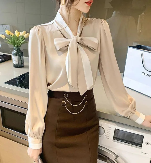 Women's Elegant Bow Blouse – Chic Office & Casual Long Sleeve Top