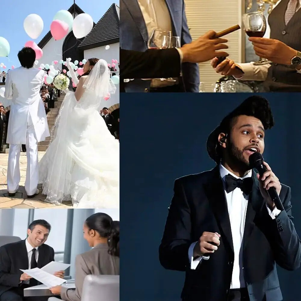 Collage of images including a wedding, formal event, and a person in a suit with a microphone.