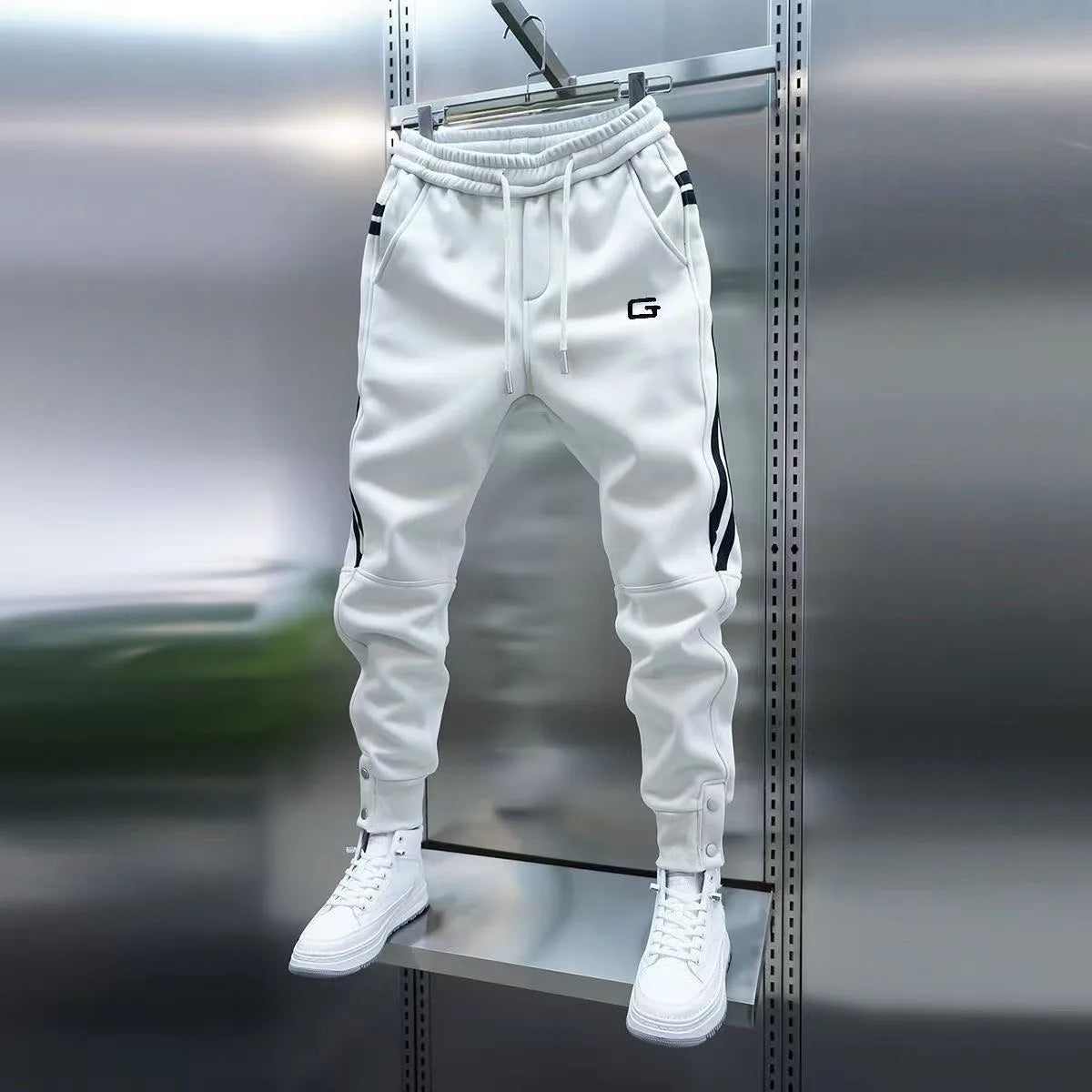 White Men's EmbroideRed Jogger Pants – Relaxed Fit Streetwear Detail | Atlantis