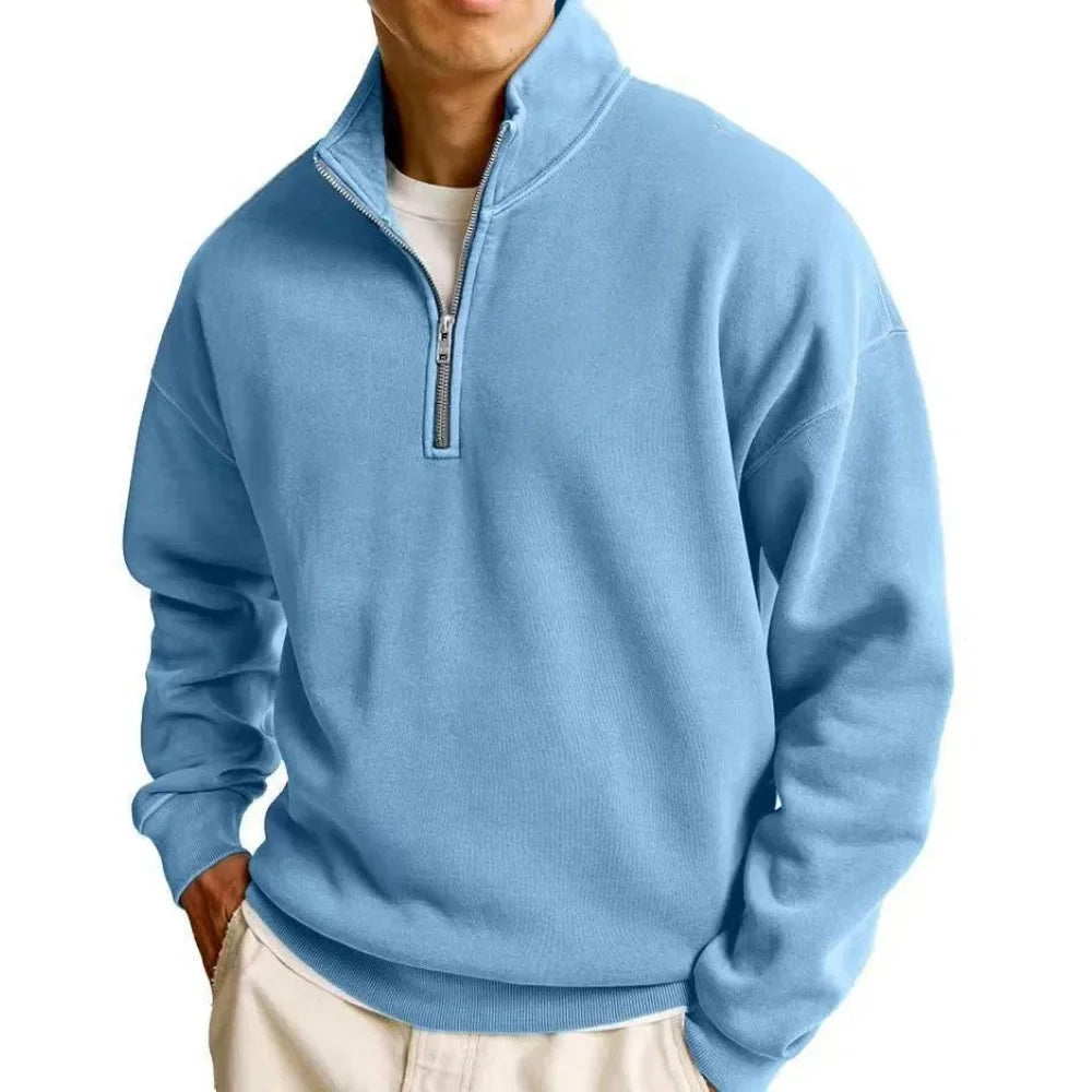 Light blue pullover with a quarter zip on a white background