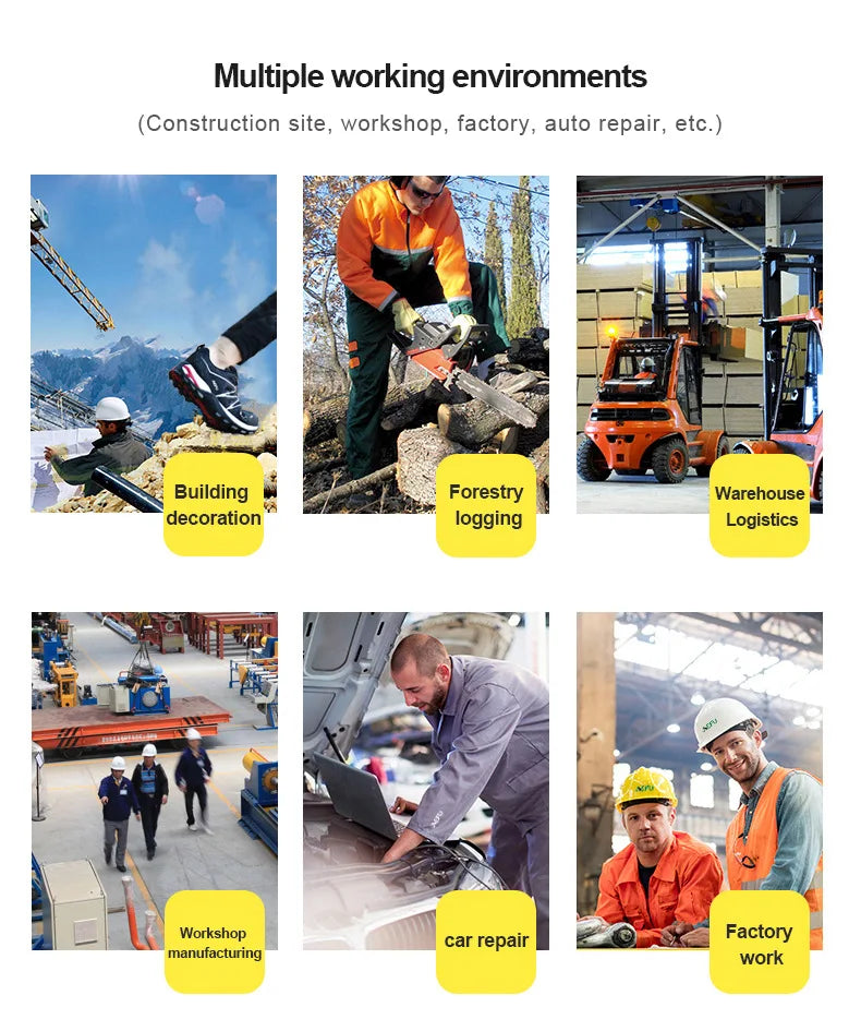 Collage of various working environments including construction, forestry, warehouse, and factory.