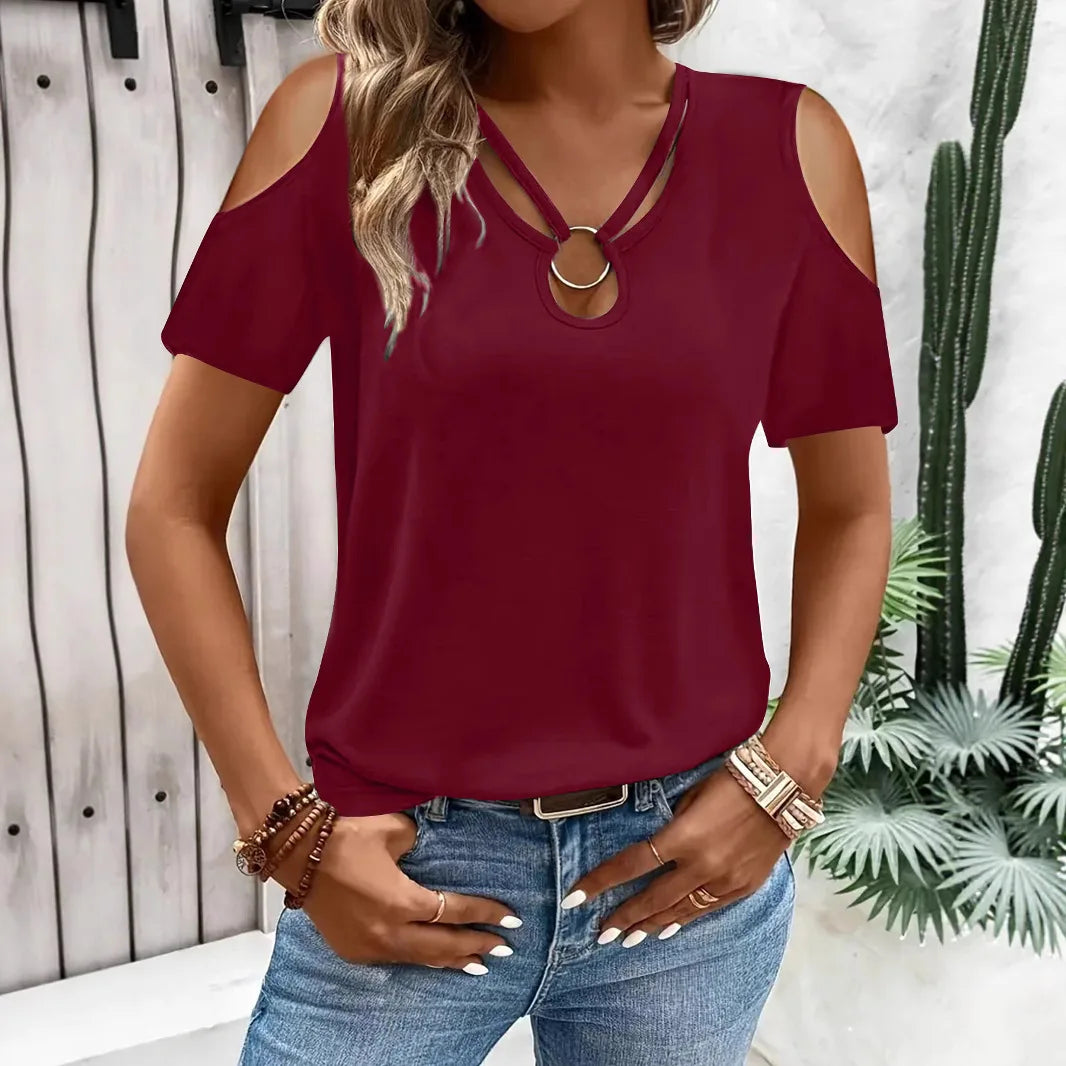 Wine Red Women's V-Neck Hollow Out Off-Shoulder Blouse – Short Sleeve Summer Top | Atlantis