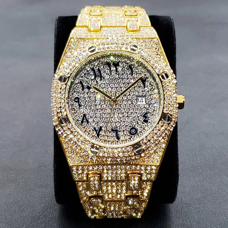 Fully Iced Diamond-Set Men's Watch — Octagonal Case, Arabic Numerals