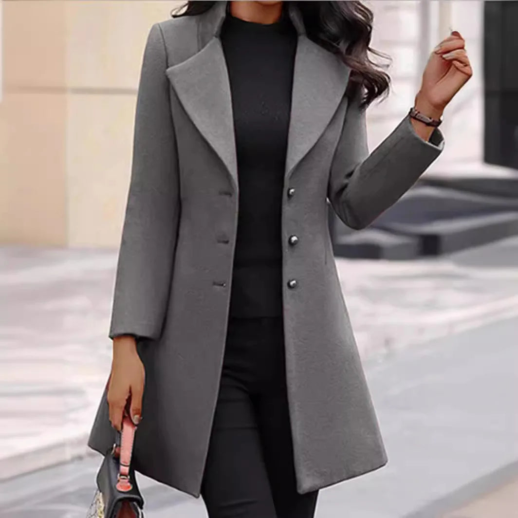 Women's Slim Fit Single-Breasted Wool Coat – Mid-Length Turn-Down Collar Outerwear