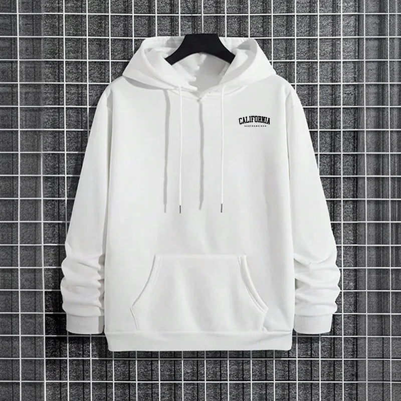 White hoodie with 'California' text on a checkered background