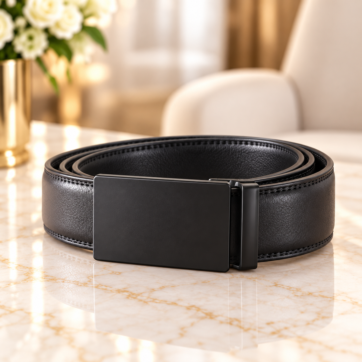 Black leather automatic buckle belt on polished marble