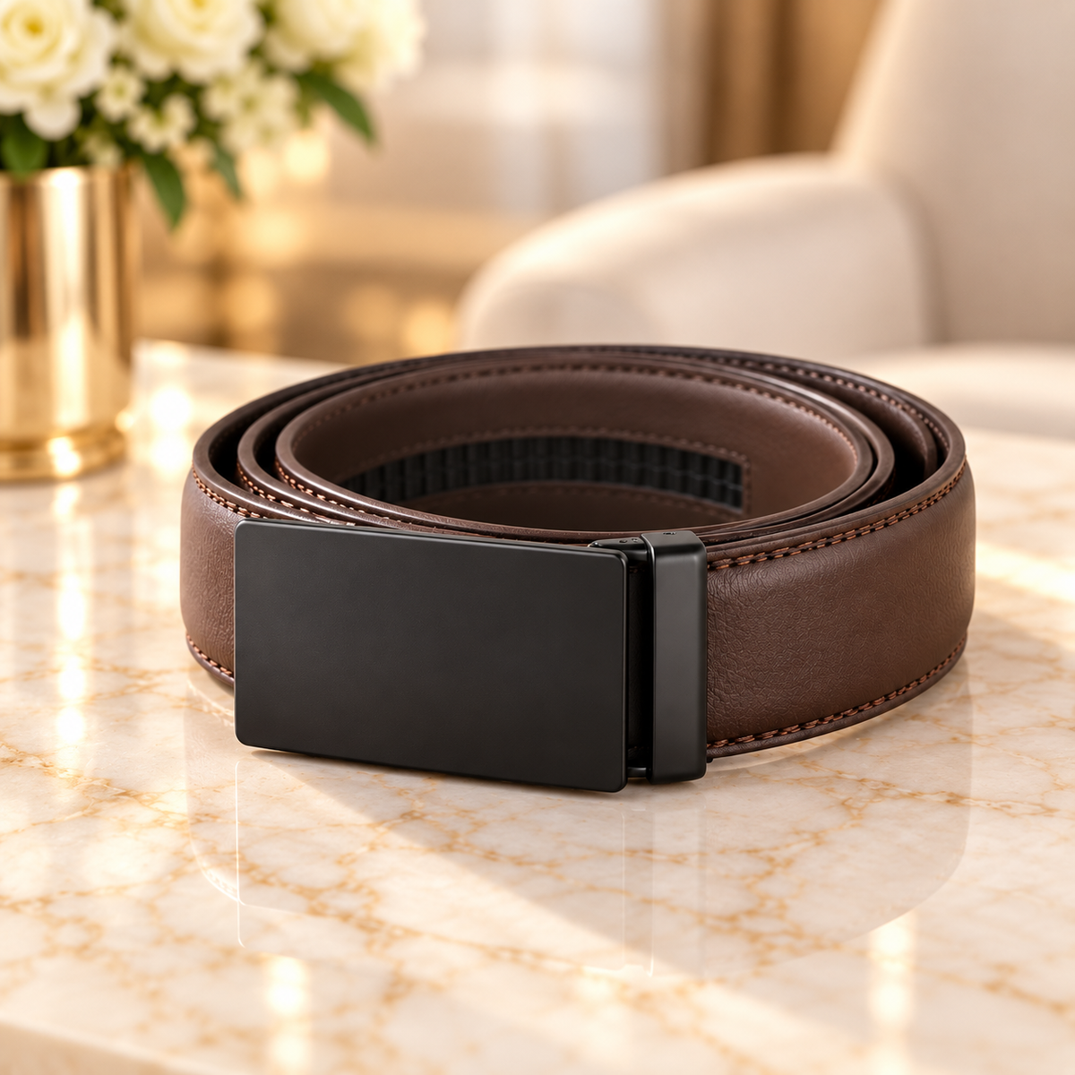 Brown leather automatic buckle belt on polished marble