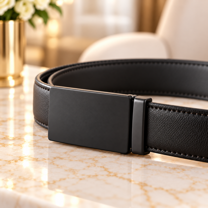Close view of black automatic buckle and leather belt