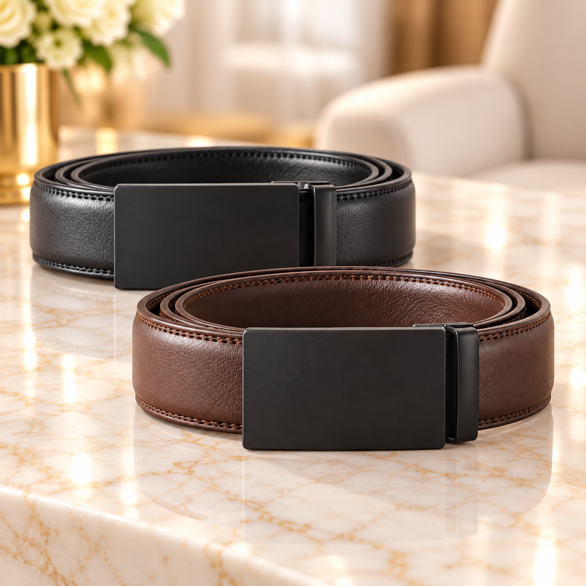 Black and brown leather automatic buckle belts on polished marble