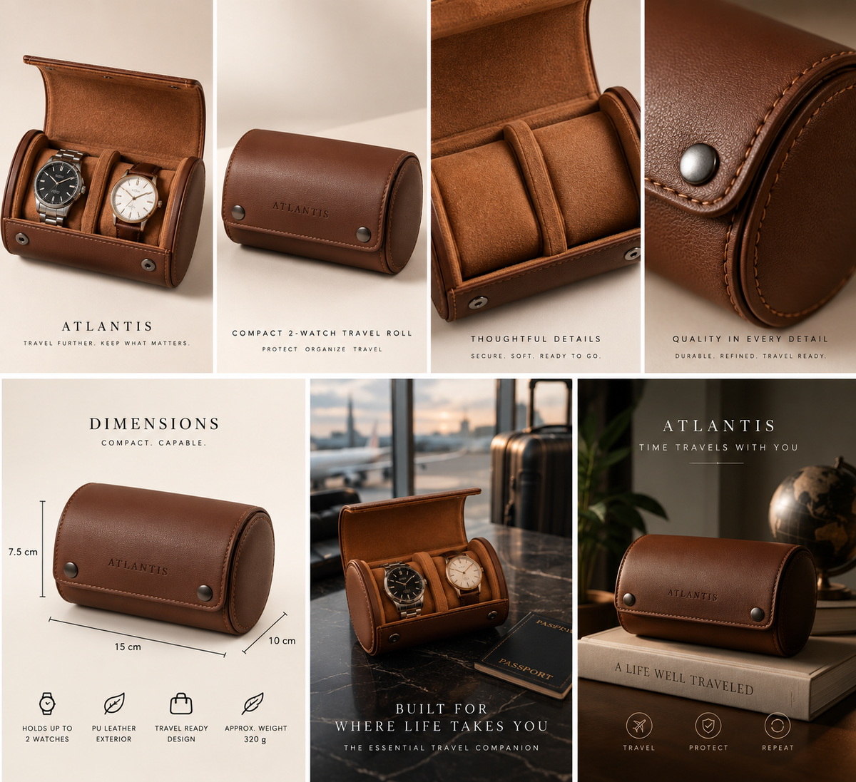 Atlantis compact two-watch travel roll collection