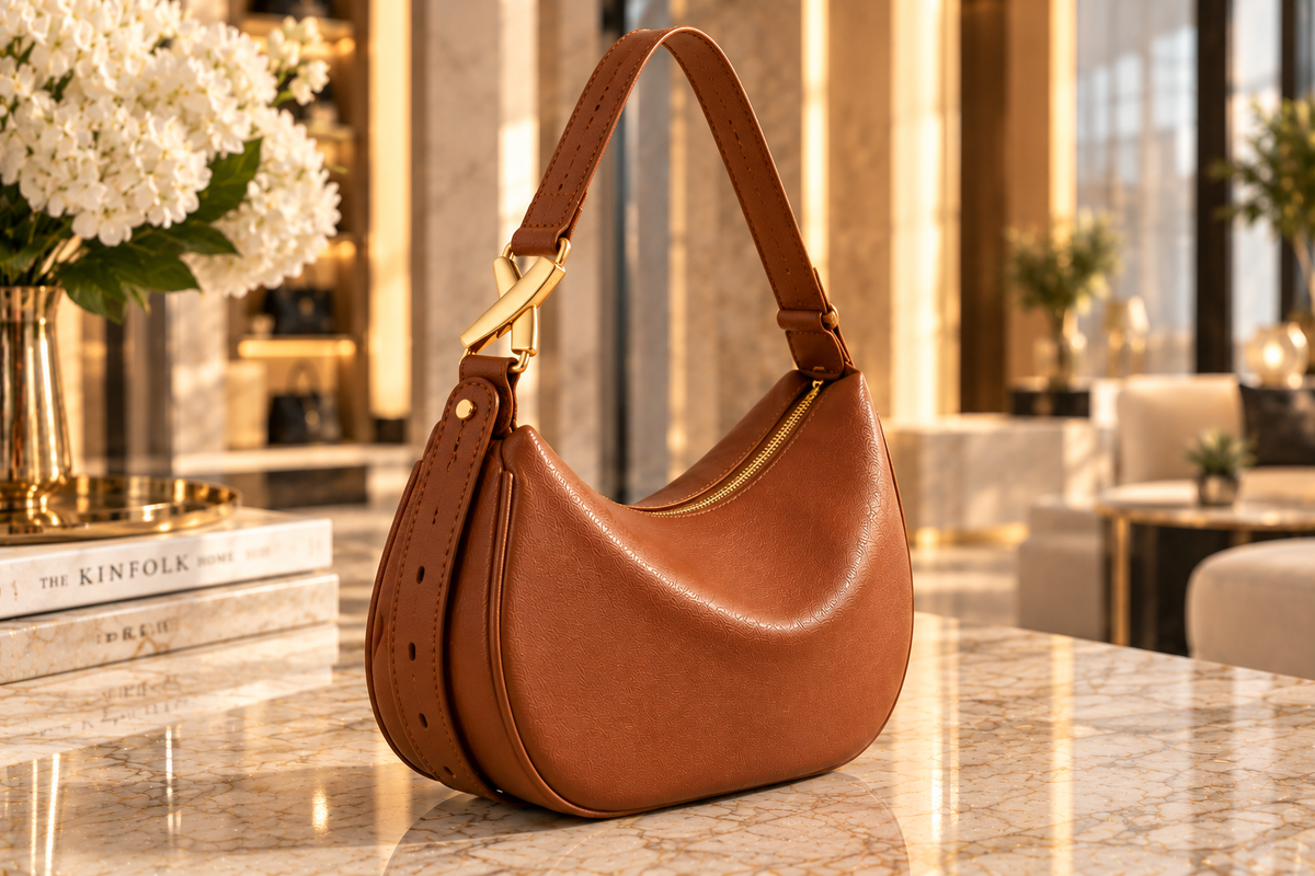 Caramel crescent leather crossbody bag front three-quarter view