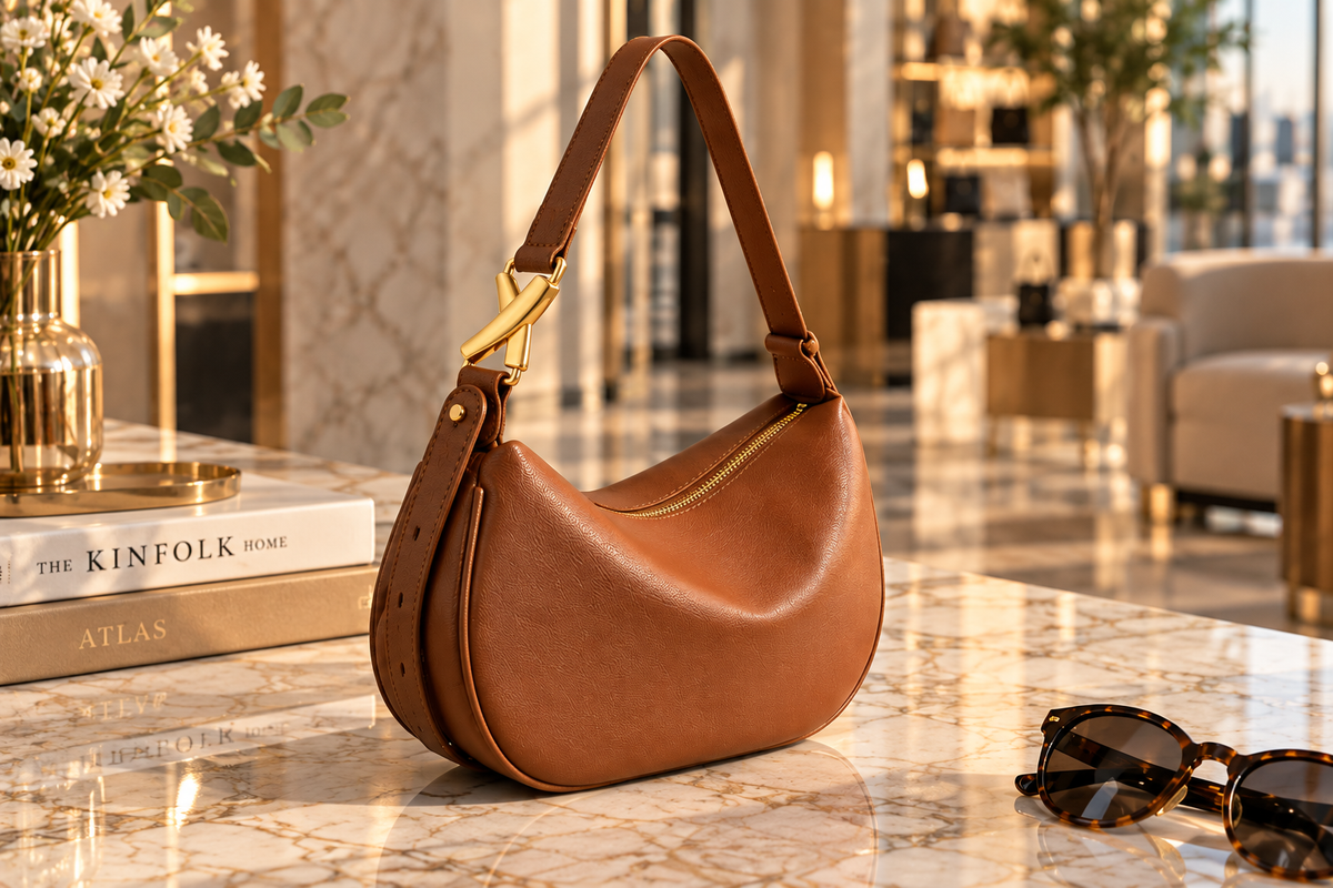 Caramel crescent leather crossbody bag on marble