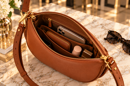 Caramel crescent leather crossbody bag interior organization