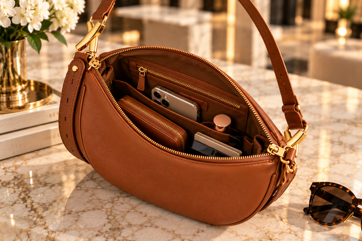 Caramel crescent leather crossbody bag open interior view