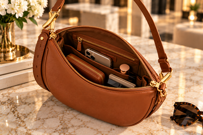 Caramel crescent leather crossbody bag open interior view
