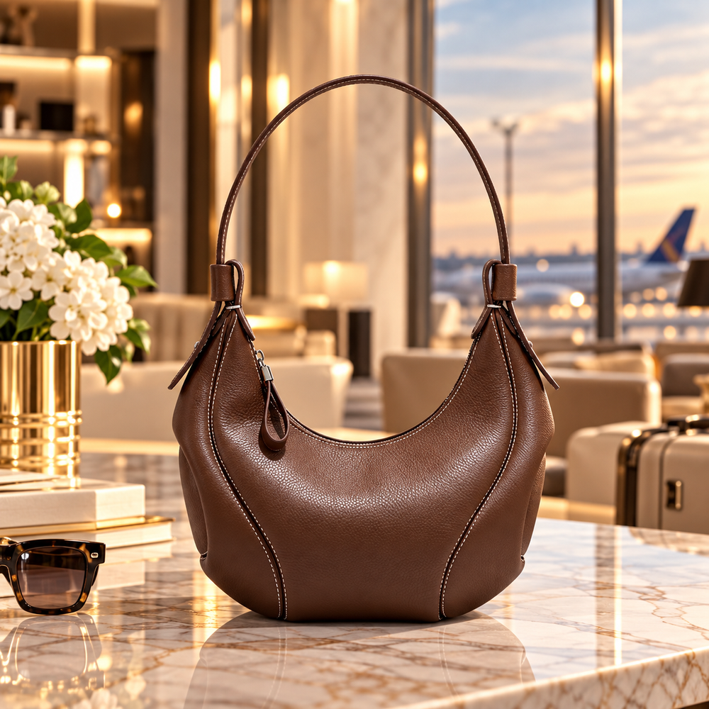 Brown Top-Grain Cowhide Dumpling Hobo Bag front view in warm marble boutique setting