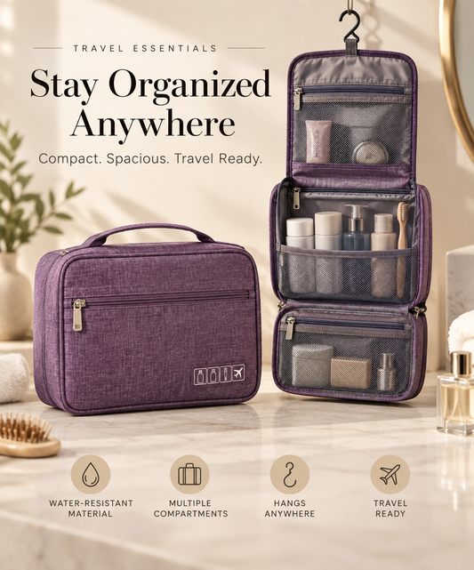 Purple hanging travel toiletry organizer with multiple compartments in Atlantis travel editorial