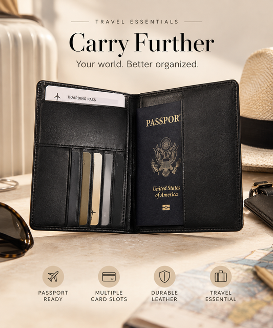 Black leather passport holder with card slots in Atlantis travel editorial