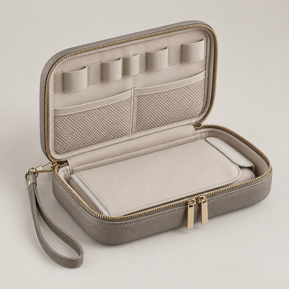 Open stone-gray travel tech organizer pouch