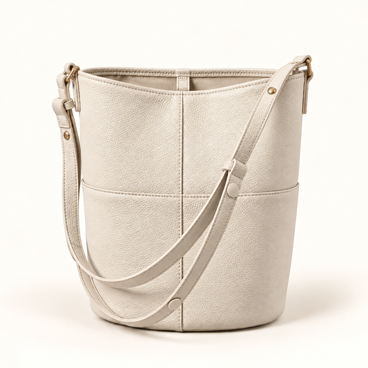 Women's Leather Bucket Shoulder Bag in Beige