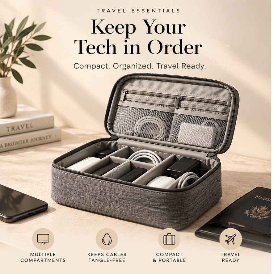 Travel Tech Organizer keeping chargers and cables organized for travel