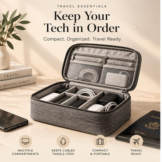 Travel Tech Organizer keeping chargers and cables organized for travel