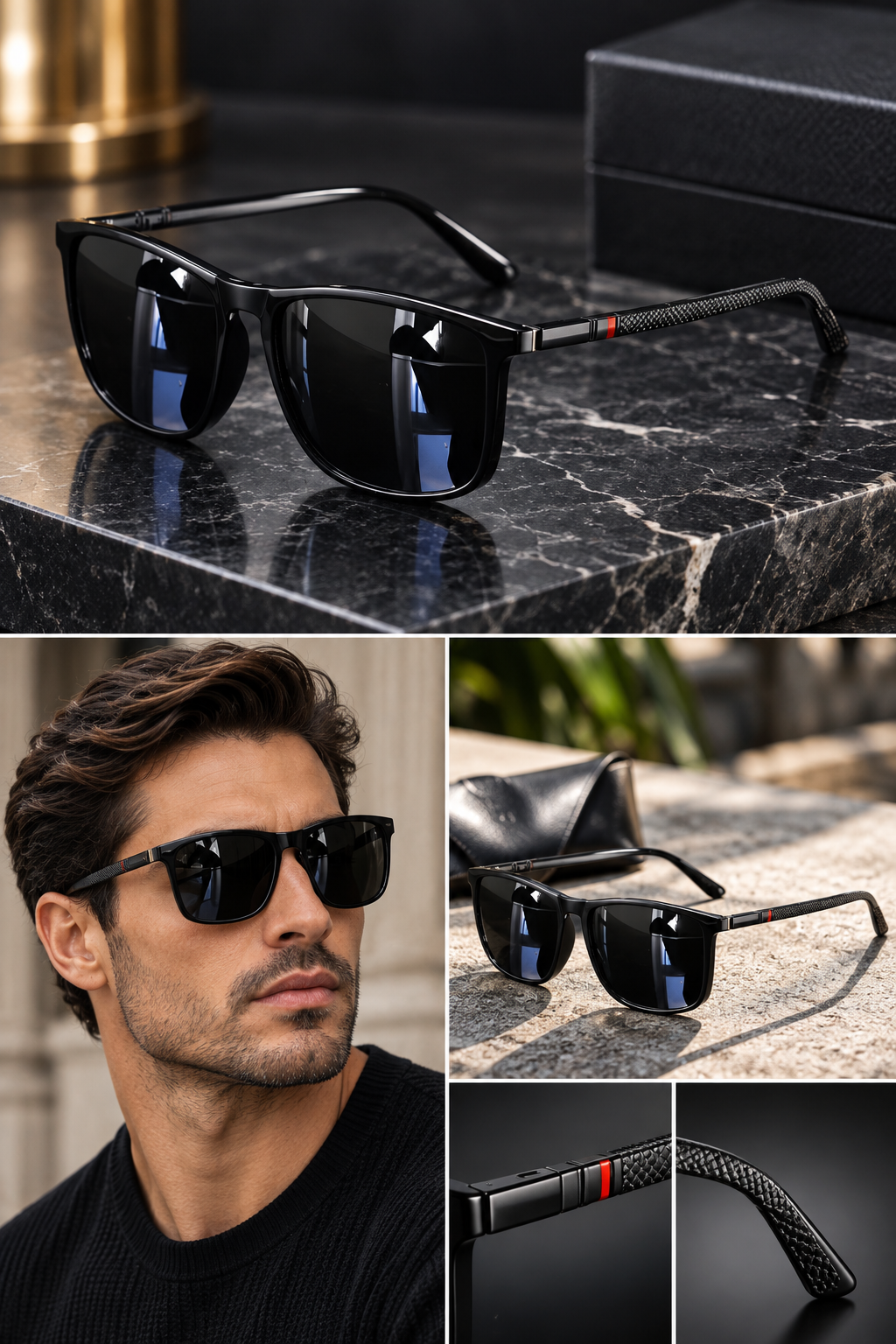 Unisex Vintage Square Sunglasses in black — premium editorial imagery