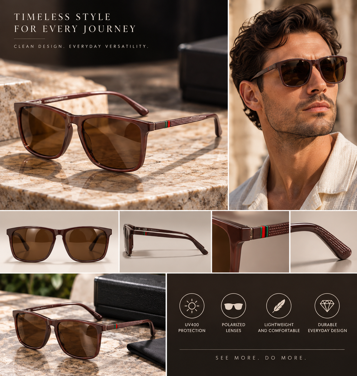 Unisex Vintage Square Sunglasses in brown — premium editorial imagery