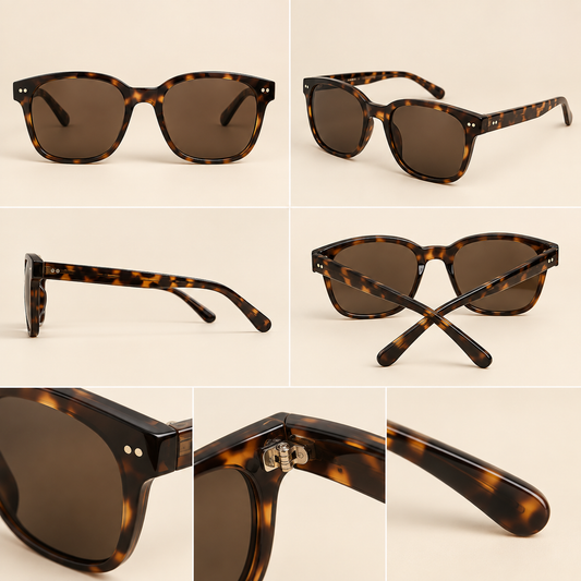 Vintage tortoiseshell sunglasses shown from multiple angles on a warm cream studio background