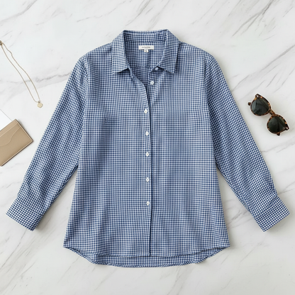 Blue plaid shirt flat lay