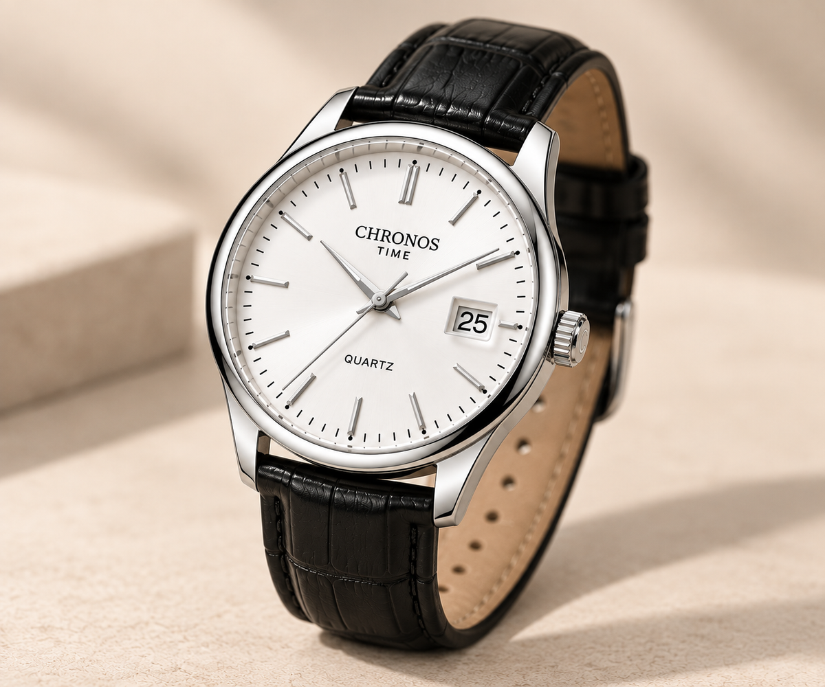 CHRONOS CH30 white dial black strap angled view