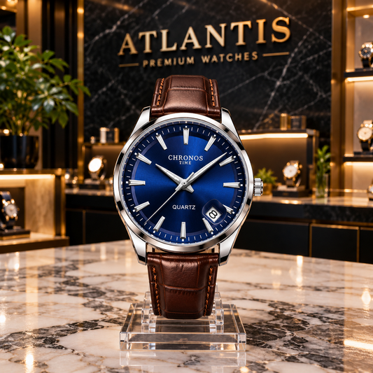 CHRONOS Classic blue quartz watch displayed in the Atlantis watch boutique