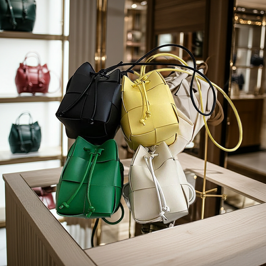 Women's Woven PU Leather Bucket Bag – Small Luxury Designer Handbag