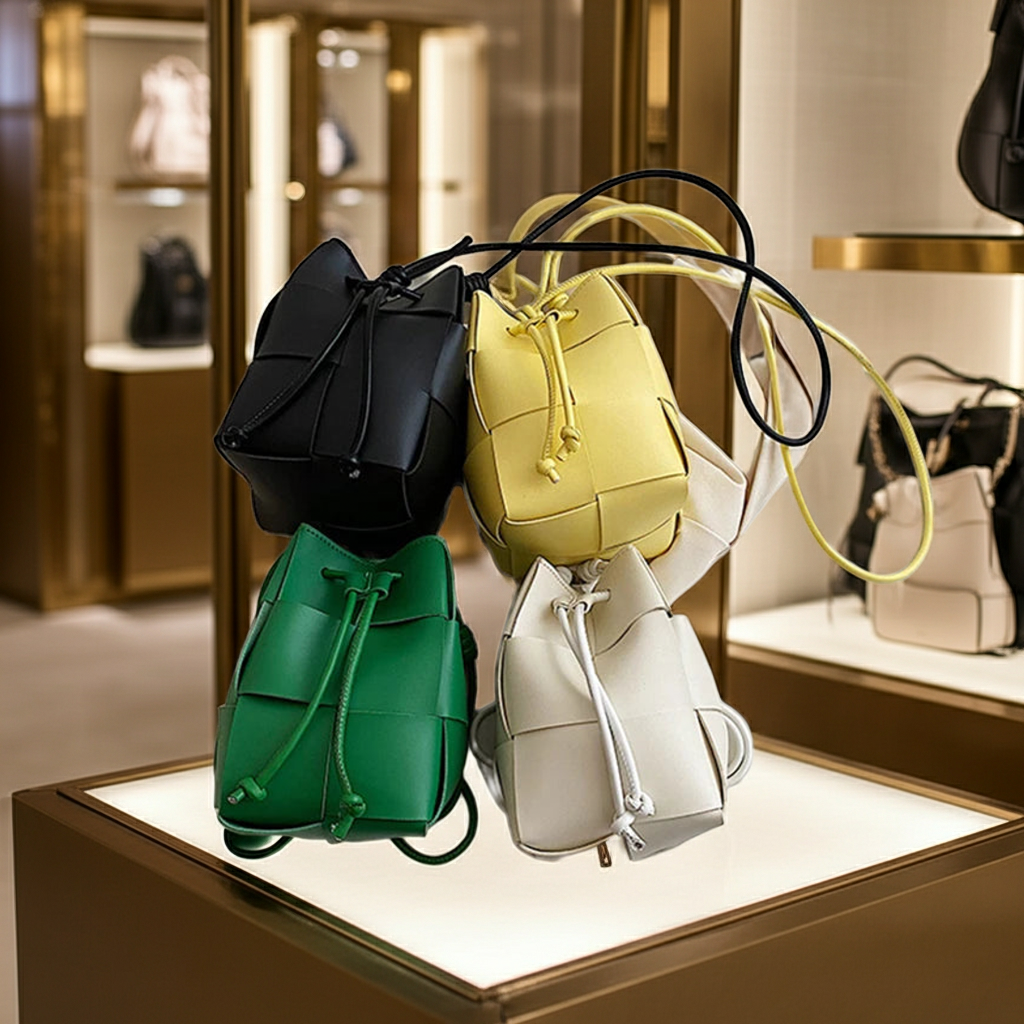 Women's Woven PU Leather Bucket Bag – Small Luxury Designer Handbag