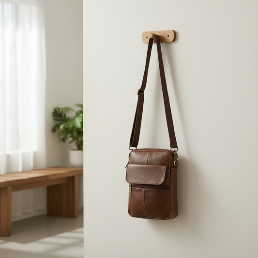 Brown genuine leather crossbody bag in an entryway setting