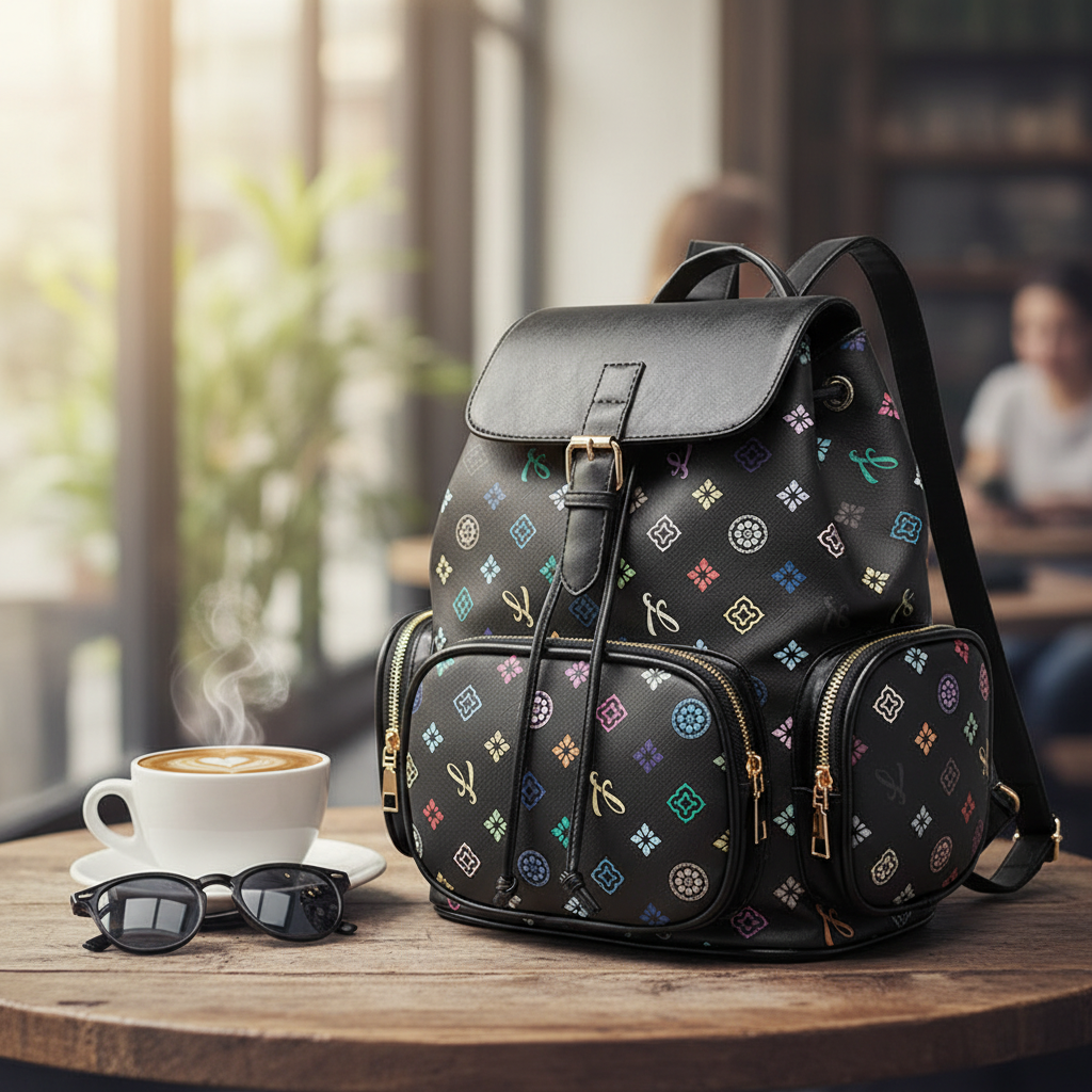 Black floral print PU leather backpack styled on a cafe table — everyday casual look from Atlantis