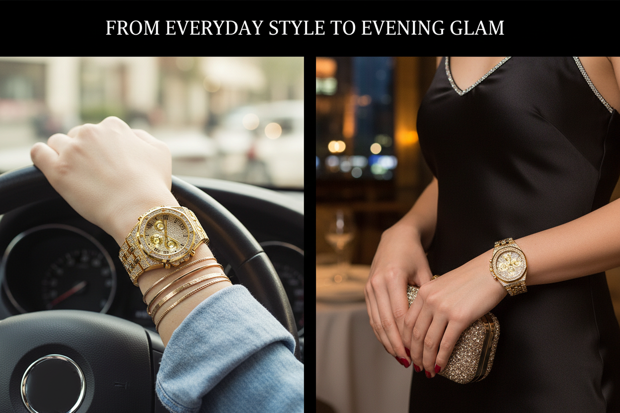 Gold women's rhinestone watch styled from day to evening — elegant everyday wear from Atlantis