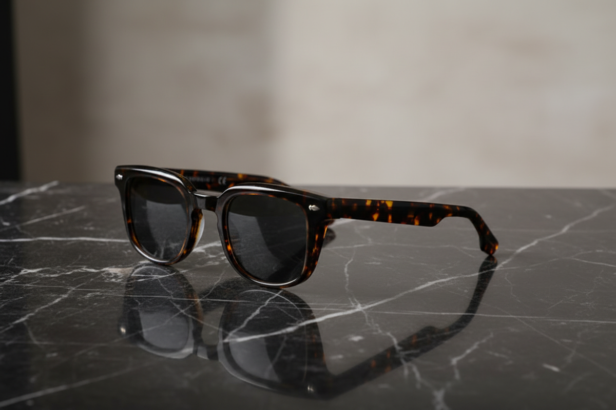 Hero image of square acetate sunglasses on black marble